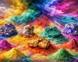Des roches colorées reposent sur des tas de pigments organiques vibrants, évoquant un paysage de rêve.