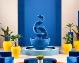 Fontaine bleue majorelle Marrakech, entourée de plantes vertes dans des pots jaunes vifs et de canapés bleus.