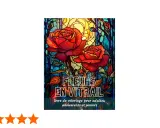 Magnifique couverture de livre de coloriage "Fleurs en vitrail" avec des roses rouges éclatantes sur un fond lumineux rappelant un vitrail.