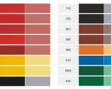 Tableaux de couleurs présentant des échantillons de pigments synthétiques, allant du rouge au vert, avec des numéros de référence.