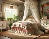 Chambre shabby chic contemporain avec un lit à baldaquin, des dentelles, des fleurs et beaucoup de lumière.