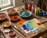 Pots de pigments naturels colorés, prêts pour une recette de colle naturelle. Pinceaux et palette de couleurs sur un établi en bois.