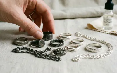 Maintenant, je sais avec quoi nettoyer de l'argent : une main choisit une bague parmi plusieurs, à côté d'une bouteille de nettoyant pour argent.