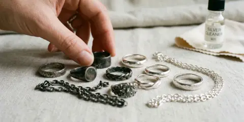 Maintenant, je sais avec quoi nettoyer de l'argent : une main choisit une bague parmi plusieurs, à côté d'une bouteille de nettoyant pour argent.