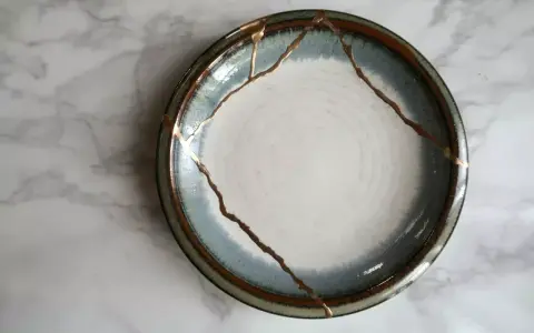 Une assiette ébréchée, réparée avec de l'or, témoigne de la beauté de la résilience.