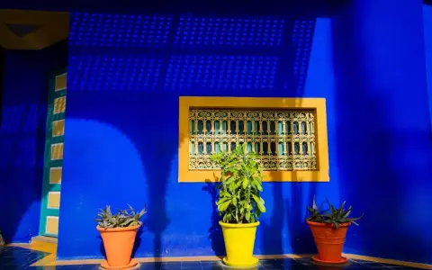 Un mur d'un bleu majorelle vibrant, rappelant l'univers d'Yves Saint Laurent, orné d'une fenêtre jaune et de plantes en pot.