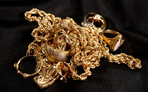 Un amas de bijoux en or, chaînes et bagues, sur fond noir. Pour savoir comment reconnaître de l'or sur une pierre, observez sa couleur et son éclat.