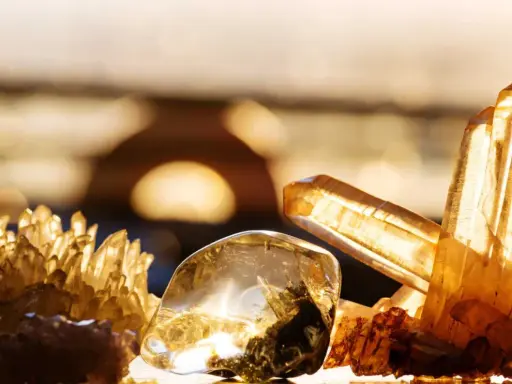 Un amas de cristaux dorés et un cristal poli, baignés de lumière, évoquent la beauté naturelle.