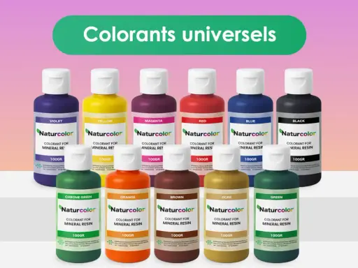 Des flacons de colorants pour résine minérale, offrant une large gamme de couleurs. Chaque flacon, d'une contenance de 100g, illustre la diversité du pigment.