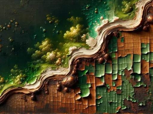 Une texture abstraite évoquant une terre verte luxuriante, contrastant avec une surface craquelée et ancienne.