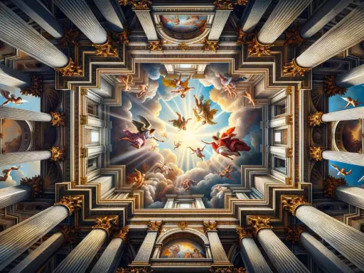Un plafond orné de colonnes majestueuses et de peintures de **peintres figuratifs contemporains** représentant des anges dans un ciel lumineux.