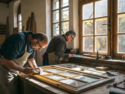 Deux artisans restaurent une ancienne fenêtre art nouveau dans leur atelier baigné de lumière.