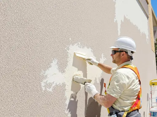 Un ouvrier applique un enduit texturé sur un mur extérieur. Le **pigment enduit** est appliqué avec une truelle pour créer une finition texturée.