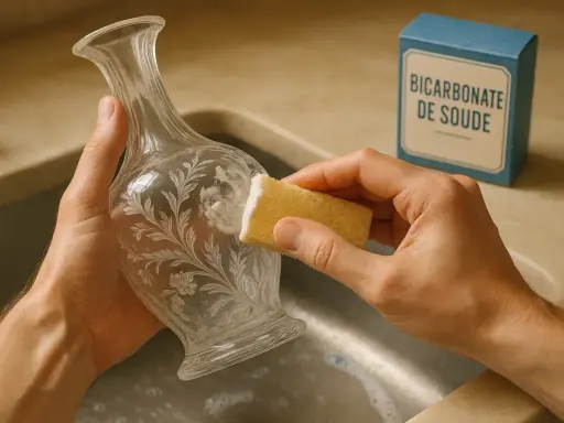 Apprendre comment nettoyer du cristal : une éponge imbibée de bicarbonate de soude frotte délicatement un vase orné.