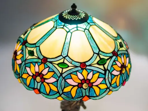 Lampe vitrail aux motifs floraux colorés, avec des pétales jaunes, roses et bleus, et des cabochons rouges et verts.
