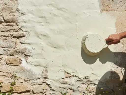 Une main applique une peinture claire sur un mur en pierre enduit de chaux. La question "peut on peindre sur de la chaux" trouve ici sa réponse visuelle.