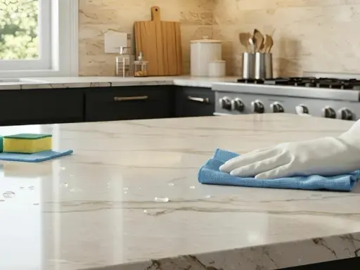 Main d'une personne portant un gant blanc, essuyant un comptoir en pierre naturelle avec un chiffon bleu. Le nettoyage de pierre naturelle à l'intérieur est essentiel pour préserver sa beauté.
