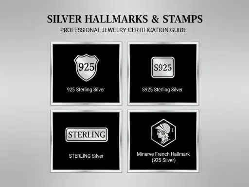 Guide des poinçons pour l'argent : 925, S925, STERLING et Minerve. Ces marques garantissent la qualité de l'argent.