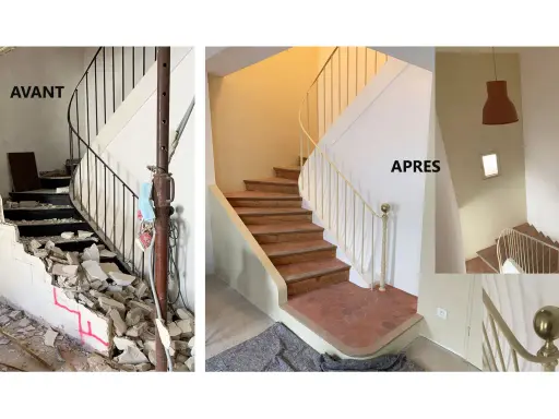 Avant/Après : un escalier art nouveau transformé, passant d'un chantier chaotique à une rénovation élégante.
