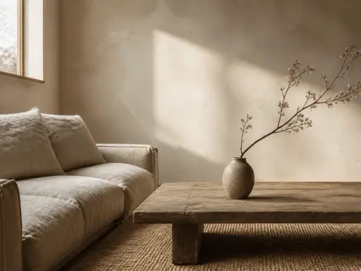 Un salon apaisant dans un style wabi sabi, avec un canapé en lin, une table basse en bois brut et une branche délicate dans un vase texturé.
