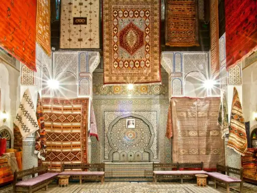 Un intérieur richement décoré de tapis colorés, témoignant de l'artisanat de Fès. Des motifs géométriques et floraux ornent les murs et les sols.