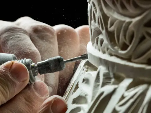 Mains habiles sculptant un ornement complexe, poussière fine dans l'air. Une image capturant la précision de la formation artisanat d'art.