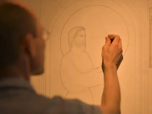 Un artiste esquisse un dessin vitraux, le visage de Jésus prenant forme sous son crayon.