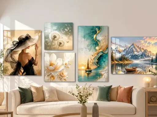 Cinq tableaux sur **mobile en verre** décorent un mur : une femme au chapeau, des pissenlits, une fleur, un voilier et un paysage de montagne.