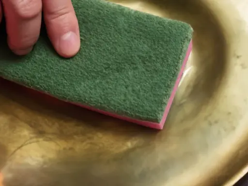 Main tenant une éponge verte et rose, une main frotte un plateau en cuivre jaune pour le nettoyer.