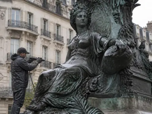 Un homme nettoie une statue en bronze avec un jet d'eau. Il apprend comment nettoyer le bronze pour redonner son éclat à l'œuvre.