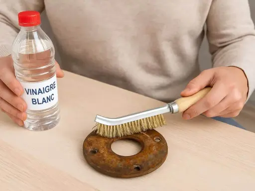 Une personne utilise du vinaigre blanc et une brosse métallique pour nettoyer du métal rouillé.