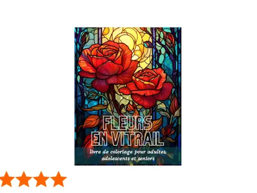 Magnifique couverture de livre de coloriage "Fleurs en vitrail" avec des roses rouges éclatantes sur un fond lumineux rappelant un vitrail.