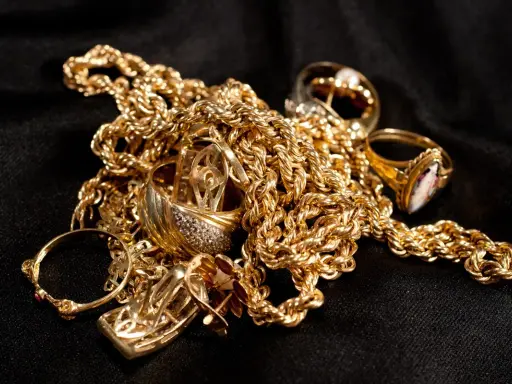 Un amas de bijoux en or, chaînes et bagues, sur fond noir. Pour savoir comment reconnaître de l'or sur une pierre, observez sa couleur et son éclat.