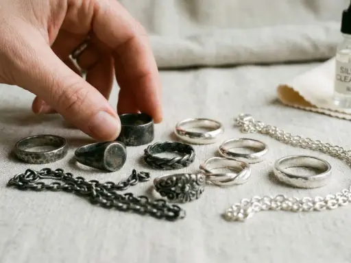 Maintenant, je sais avec quoi nettoyer de l'argent : une main choisit une bague parmi plusieurs, à côté d'une bouteille de nettoyant pour argent.