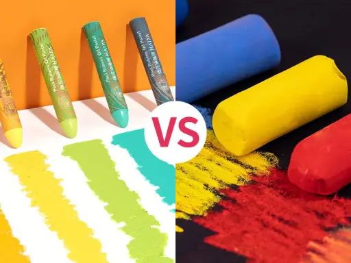 Comparaison de pastels à l'huile et de pastels secs. Des bâtonnets de couleurs vives sont présentés avec des échantillons de traits sur papier.