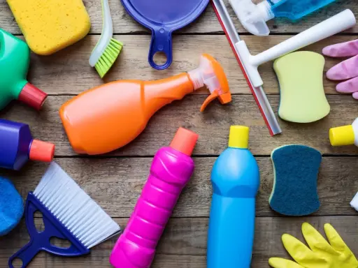 Divers produits et accessoires de nettoyage colorés sur fond de bois.