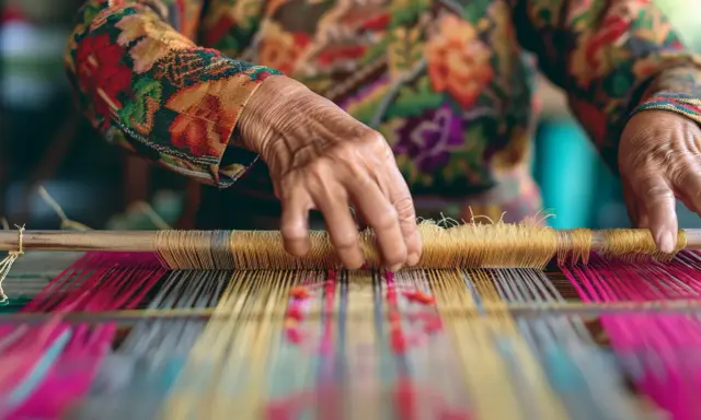 Mains d'une personne tissant sur un métier à tisser avec des fils colorés.