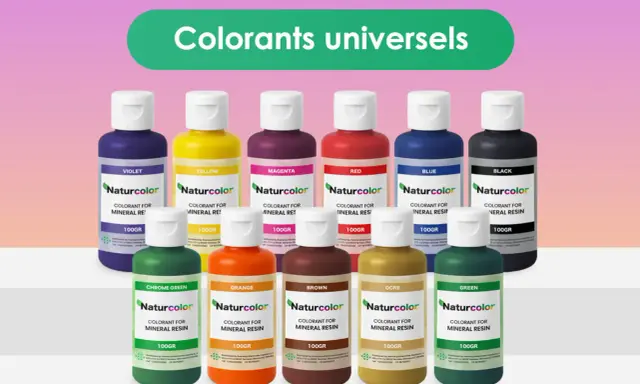 Des flacons de colorants pour résine minérale, offrant une large gamme de couleurs. Chaque flacon, d'une contenance de 100g, illustre la diversité du pigment.