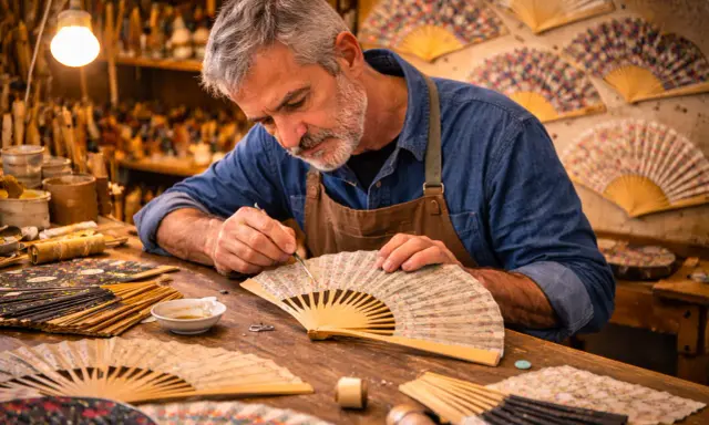 Un artisan expérimenté, au cœur de son atelier, déploie son savoir faire artisanal pour peindre délicatement un éventail.