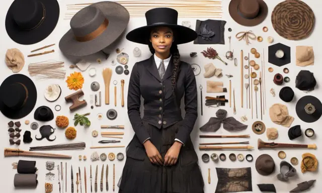 Une jeune femme, une modiste, pose entourée d'outils et de matériaux pour la création de chapeaux.