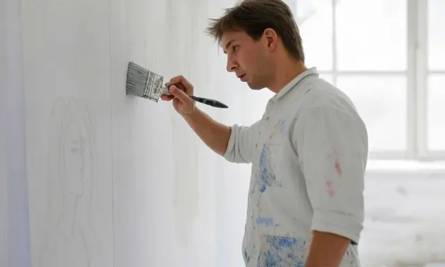Un peintre applique une couche de chaux éteinte sur un mur, esquissant un portrait.