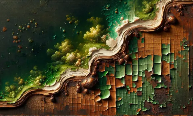 Une texture abstraite évoquant une terre verte luxuriante, contrastant avec une surface craquelée et ancienne.