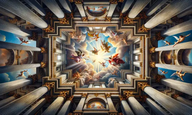 Un plafond orné de colonnes majestueuses et de peintures de **peintres figuratifs contemporains** représentant des anges dans un ciel lumineux.