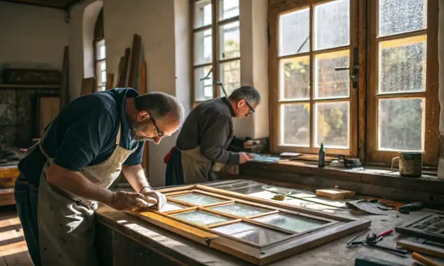 Deux artisans restaurent une ancienne fenêtre art nouveau dans leur atelier baigné de lumière.