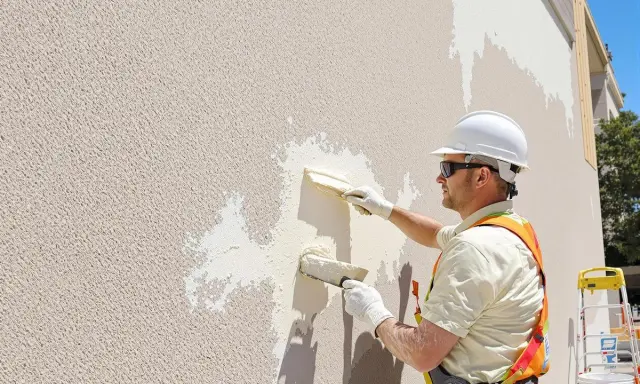 Un ouvrier applique un enduit texturé sur un mur extérieur. Le **pigment enduit** est appliqué avec une truelle pour créer une finition texturée.