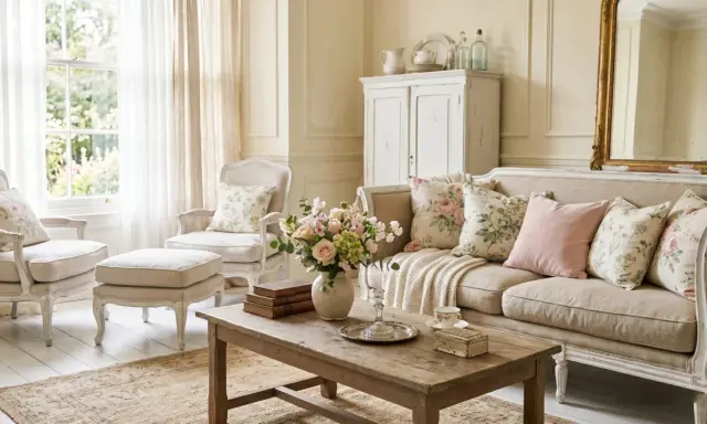 Un salon cosy et lumineux, ambiance intérieur shabby chic. Canapé beige, fauteuils, coussins fleuris et un bouquet de roses.