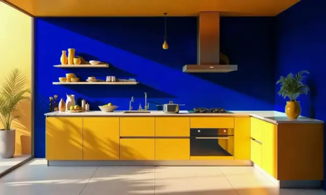 Cuisine aux murs bleu majorelle éclatant et meubles jaunes vifs. Des étagères chargées de vaisselle, une plante verte et un plan de travail moderne.