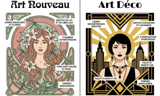 Comment reconnaitre l'art déco : lignes géométriques, composition symétrique, palette noir et or, formes angulaires. L'image oppose ces caractéristiques à l'Art Nouveau.