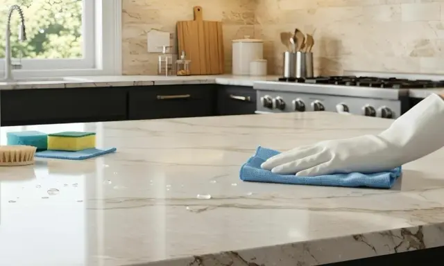 Main d'une personne portant un gant blanc, essuyant un comptoir en pierre naturelle avec un chiffon bleu. Le nettoyage de pierre naturelle à l'intérieur est essentiel pour préserver sa beauté.