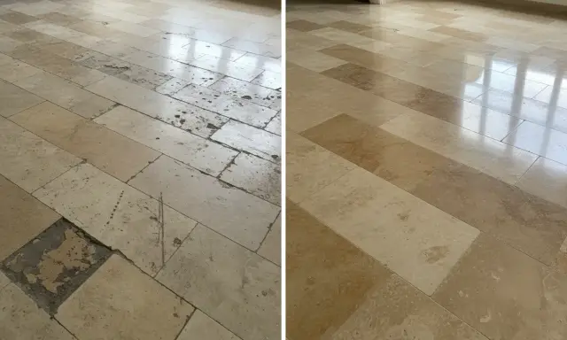 Avant/après : un sol en travertin abîmé et taché retrouve son éclat grâce à un nettoyage professionnel.
